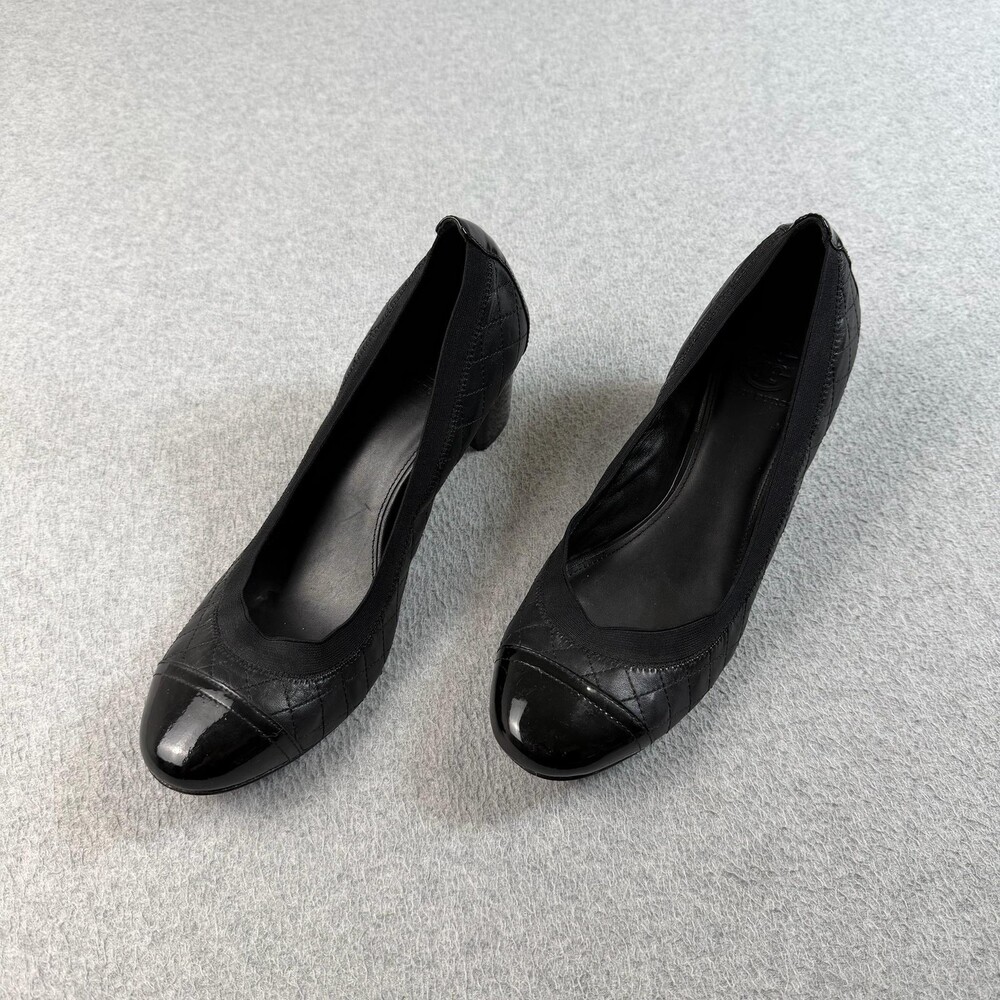 Tory Burch Shoes Womens Size 11 Black Quilted Leather Cap Toe Block Heel Pumps